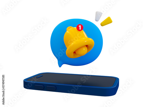 3d minimal remider concept. receive a new notification for subscribers. new activity alert. App notification alert. smartphone with a notification bell icon. 3d illustration. photo