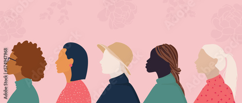Women of different ethnicities together.  vector illustration of woman head silhouette. concept of International woman's day, mother's day.