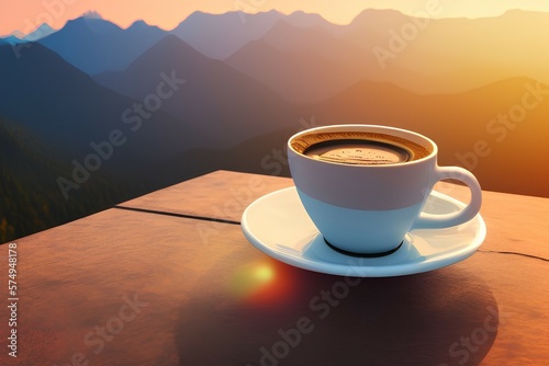 Photo of real coffee cup with stunning mountain backdrop with sunset real photography clear - generative ai