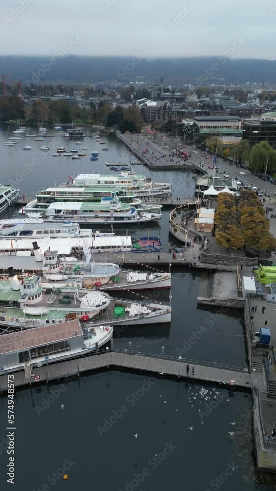 A drone view over the Zurich ferry terminal Lake Zurich