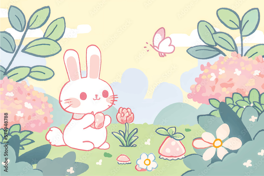Hop into Fun with this Adorable Vector Rabbit Illustration! Surrounded by Lush Greenery, Trees, and Blooming Flowers, Perfect for Children's Books, Nature-Themed Designs, and Springtime Projects Hop into Fun with this Adorable Vector Rabbit Illustration! Surrounded by Lush Greenery, Trees, and Blooming Flowers, Perfect for Children's Books, Nature-Themed Designs, and Springtime Projects