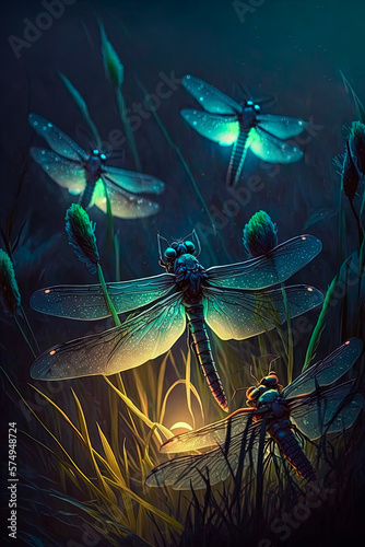 A group of dragonflies, night, fireflies. Generative AI