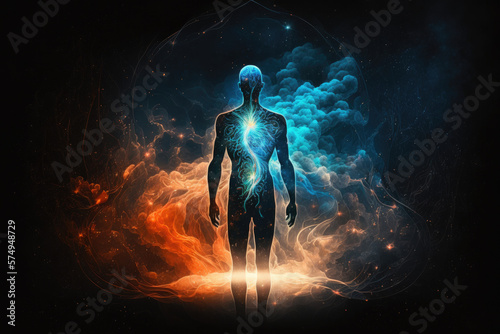 Astral body silhouette with abstract space background. Esoteric, spiritual life and meditation concept. Afterlife and connection with other worlds. Generative AI. © Kemal