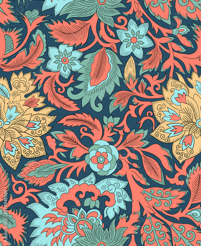 Seamless repeatable pattern with flowers and leaves. Hand drawn digital illustration. 60s vibes. Hippie style. Paisley. Colourful image. 