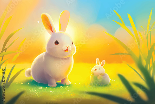 Hop into Fun with this Adorable Vector Rabbit Illustration! Surrounded by Lush Greenery, Trees, and Blooming Flowers, Perfect for Children's Books, Nature-Themed Designs, and Springtime Projects