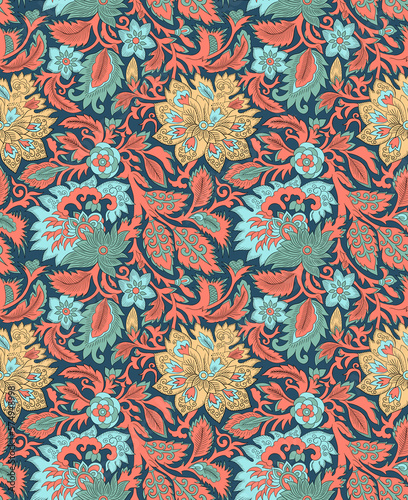 Seamless repeatable pattern with flowers and leaves. Hand drawn digital illustration. 60s vibes. Hippie style. Paisley. Colourful image. 