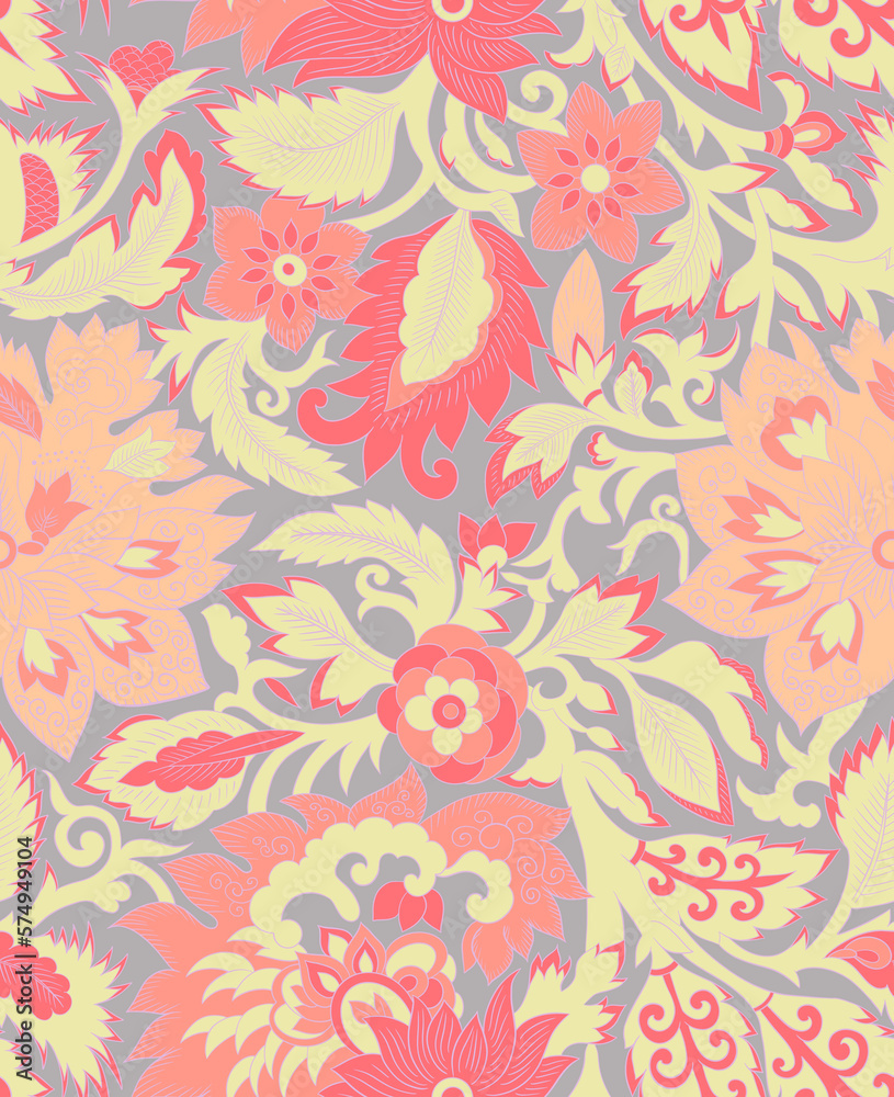 Seamless repeatable pattern with flowers and leaves. Hand drawn digital illustration. 60s vibes. Hippie style. Paisley. Colourful image. 