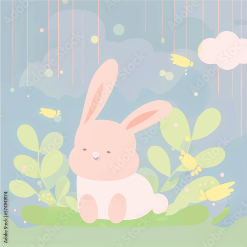 Hop into Fun with this Adorable Vector Rabbit Illustration! Surrounded by Lush Greenery, Trees, and Blooming Flowers, Perfect for Children's Books, Nature-Themed Designs, and Springtime Projects