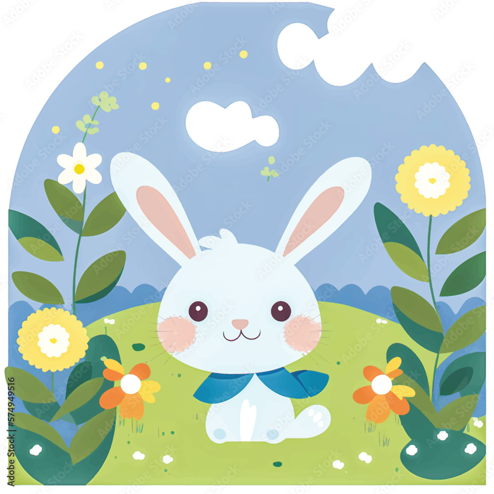 Fototapeta premium Hop into Fun with this Adorable Vector Rabbit Illustration! Surrounded by Lush Greenery, Trees, and Blooming Flowers, Perfect for Children's Books, Nature-Themed Designs, and Springtime Projects
