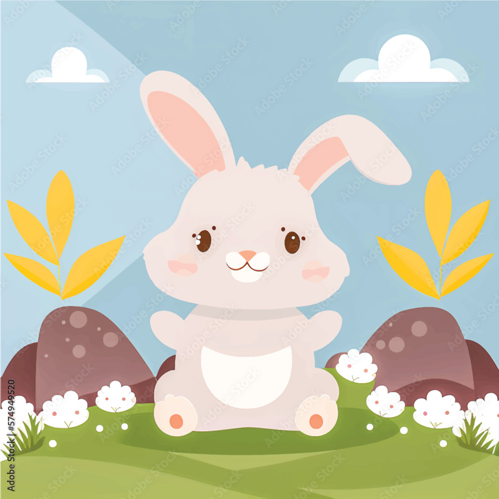 Fototapeta premium Hop into Fun with this Adorable Vector Rabbit Illustration! Surrounded by Lush Greenery, Trees, and Blooming Flowers, Perfect for Children's Books, Nature-Themed Designs, and Springtime Projects