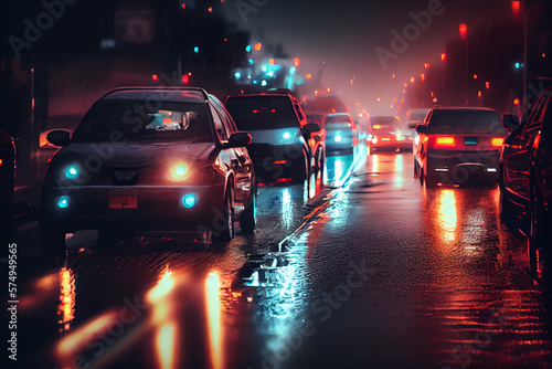 Traffic on the city streets at night, automobiles flashing in the rain, snarled lanes of rush hour on the highway in the dead of night. Generative AI