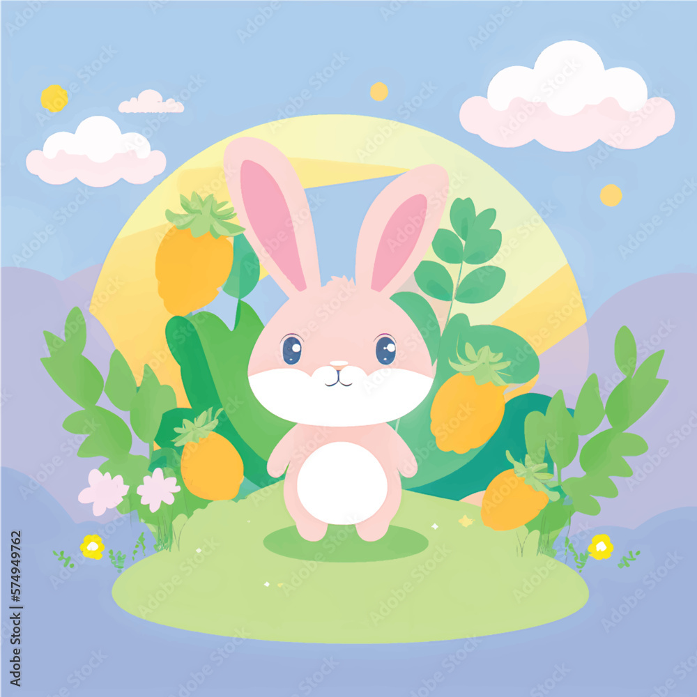 Hop into Fun with this Adorable Vector Rabbit Illustration! Surrounded by Lush Greenery, Trees, and Blooming Flowers, Perfect for Children's Books, Nature-Themed Designs, and Springtime Projects Hop into Fun with this Adorable Vector Rabbit Illustration! Surrounded by Lush Greenery, Trees, and Blooming Flowers, Perfect for Children's Books, Nature-Themed Designs, and Springtime Projects
