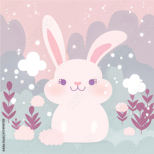 Hop into Fun with this Adorable Vector Rabbit Illustration! Surrounded by Lush Greenery, Trees, and Blooming Flowers, Perfect for Children's Books, Nature-Themed Designs, and Springtime Projects