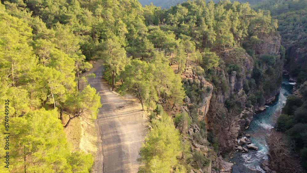 Road along the picturesque Koprulu canyon in Turkey. Turkish nature. Aerial view.