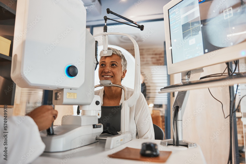 Machine, senior woman and test eyes in office, optometry and healthcare for vision, smile and conversation. Optometrist, mature female customer and client with eye care, research and appointment Machine, senior woman and test eyes in office, optometry and healthcare for vision, smile and conversation. Optometrist, mature female customer and client with eye care, research and appointment