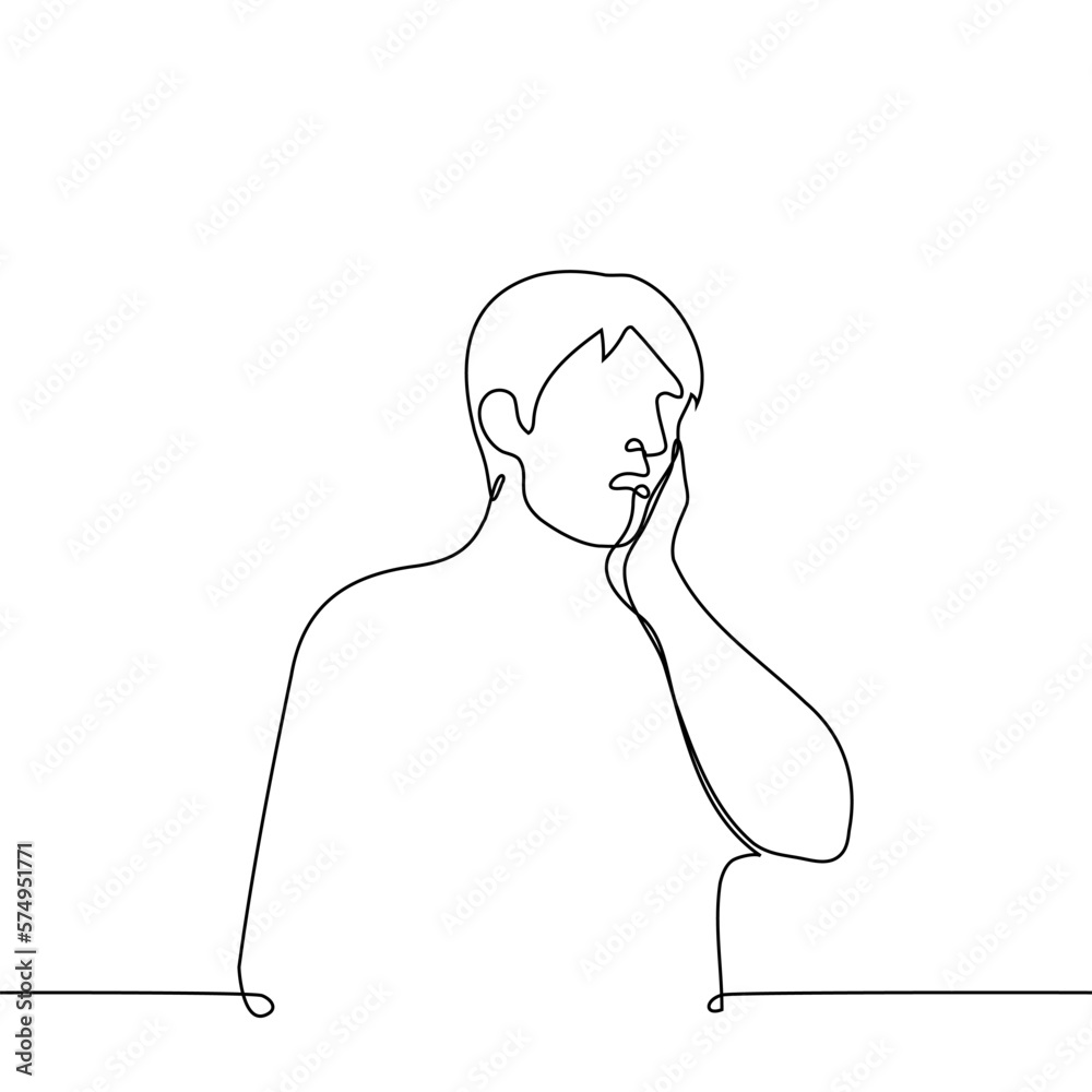 man making surprise with facial expressions and touching his cheek- one line drawing vector. concept surprise, shock from what he saw, toothache man making surprise with facial expressions and touching his cheek- one line drawing vector. concept surprise, shock from what he saw, toothache