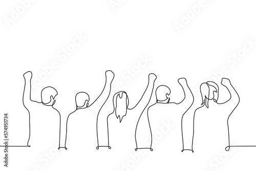 group of people with raised fists standing with their backs to the viewer - one line drawing vector. concept protest, rally, strike, crowd chanting