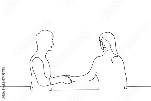 man smiles and shakes hands with a woman who is displeased or unpleasant - one line drawing vector. concept unreciprocal feeling, feeling irritated or angry at someone