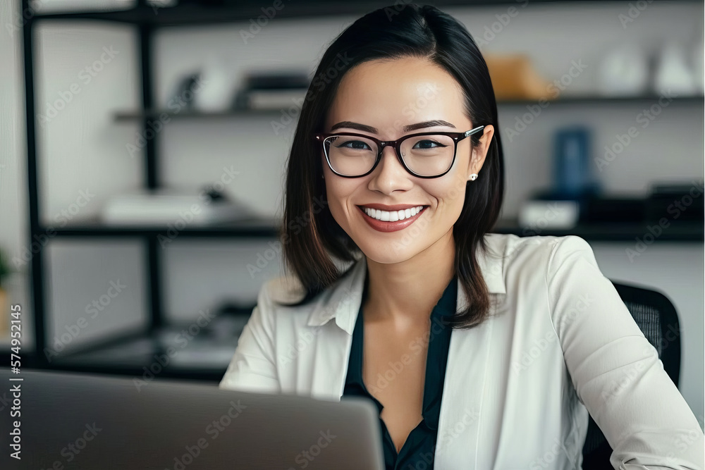 Portrait Of A Smiling Asian Businesswoman Working On A Laptop. AI generative illustration. Not real person. Portrait Of A Smiling Asian Businesswoman Working On A Laptop. AI generative illustration. Not real person.