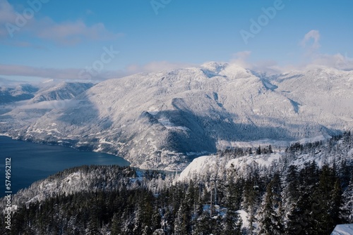 View over a blue lake with snowy mountains in British Columbia Canada