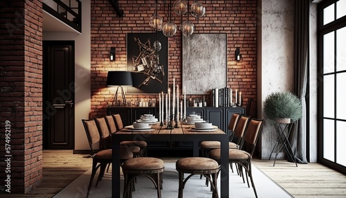 modern  contemporary  beautiful dining room with natural brick walls for a contemporary atmosphere
