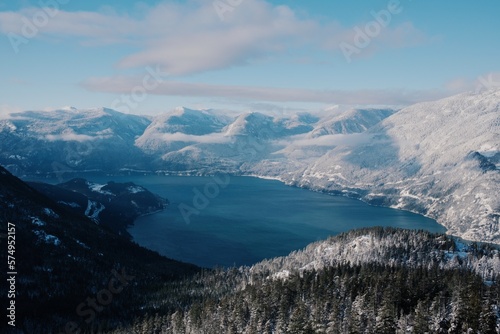 View over a blue lake with snowy mountains in British Columbia Canada