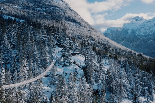 Hanging Bridge in Winter Landscape in the Mountains of British Columbia Canada