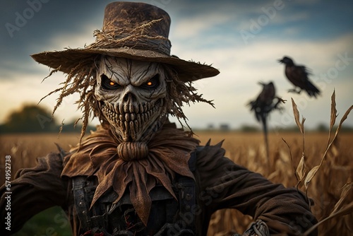 Scary scarecrow in the field, horror terrifying background, generative ai