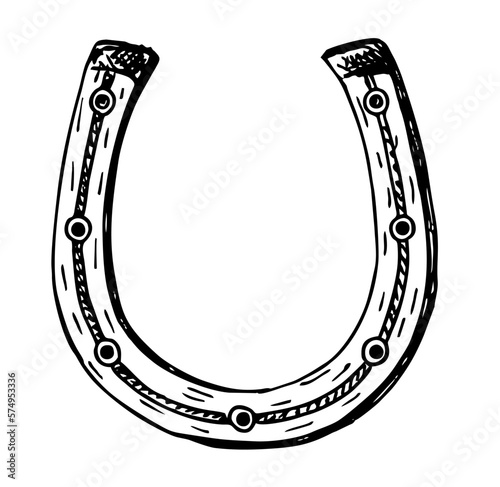 Hand drawn lucky horseshoe. Vintage vector engraving illustration for infographic, poster, logo or pictogram. Black on white background