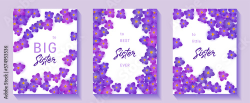 Greeting cards for sister. Crocus saffron flowers bloom. Violet flowers vector cards set, purple floral backgrounds, wedding invitation card templates. Best sister ever, big and little sister cards