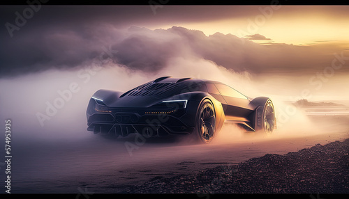 Supercar at the beach. Foggy morning. Concept car created with Generative AI