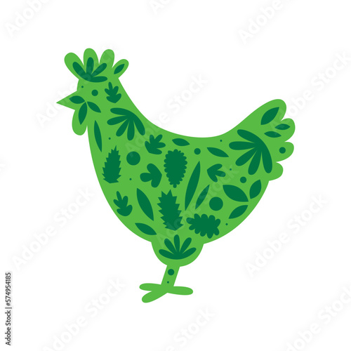 Plant-based meat and protein. Silouette of a chicken with leaves. Vegan and vegetable diet. Sustainable climate friendly cruelty free food.
