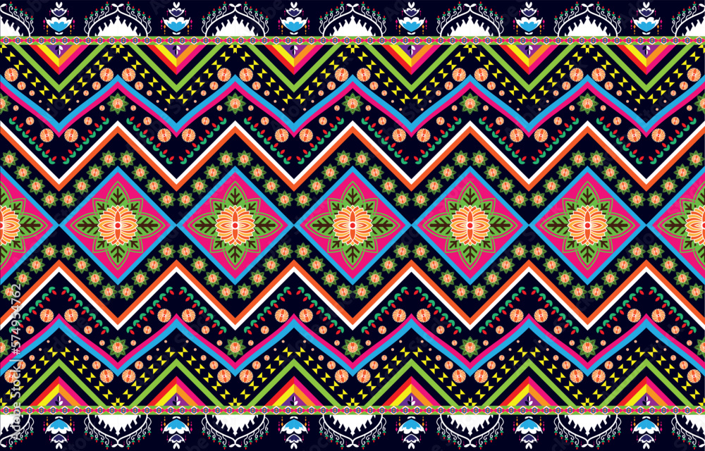 Geometric ethnic oriental pattern traditional Design for background,carpet,wallpaper,clothing,wrapping,Batik,fabric,Vector embroidery style, colorful, indan, mexican. 