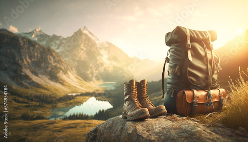 Old leather Backpack and Boots standing in beautiful mountain landscape with sunrise sunlight. Generated AI Illustration.