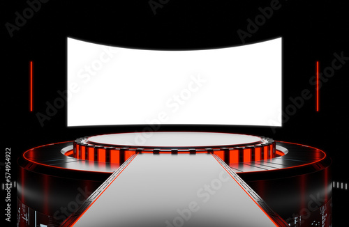 Futuristic circular dark room with big curved display on glossy wall and round stage for exhibition and product presentation, red neon lights