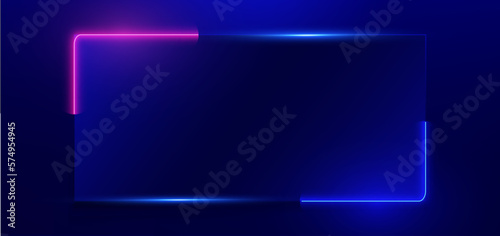 Rectangular neon blue and pink lighting effect frame on dark blue background with copy space for text. Technology futuristics.