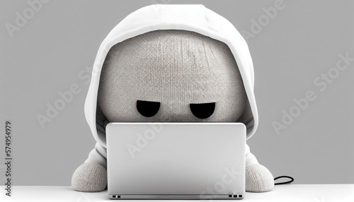 Cute anonymous hacker with white hoodie typing computer laptop. Concept of ethical hacking. Cybersecurity, Cybercrime, Cyberattack. photo