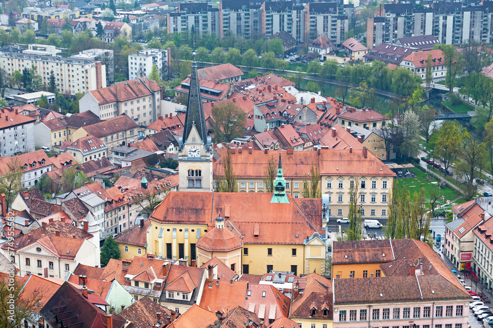 Aerial view of Church of Saint James in Ljubljana