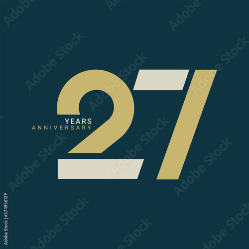 27th, 27 Years Anniversary Logo, Golden Color, Vector Template Design element for birthday, invitation, wedding, jubilee and greeting card illustration.