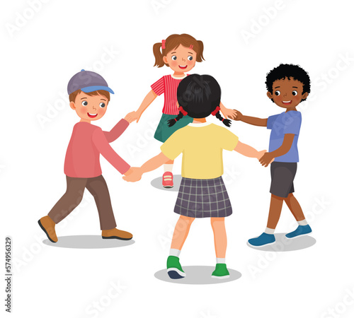 Happy little children boys and girls holding hands and dancing in circle having fun playing together 