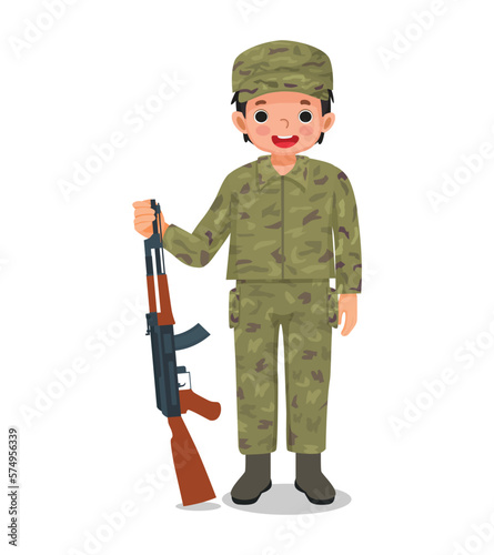 Cute little boy wear camouflage soldier combat uniform holding rifle gun