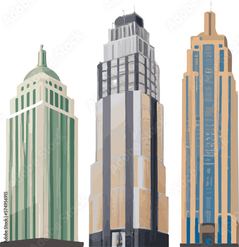Set Of American Skyscrapers Colorful Vector Icons.