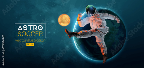 Soccer football player astronaut in space action and Moon, Mars planets on the background of the space. Vector illustration