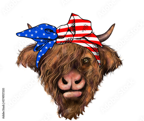 cute patriotic highland cow with usa flag colored bandana illustration png 4th of July  
