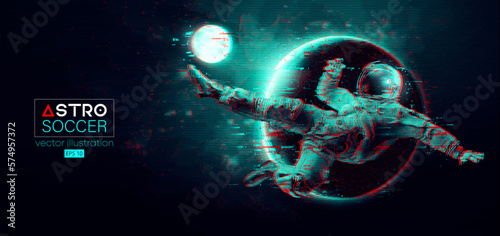 Soccer football player astronaut in space action and planets on the background of the space. Vector illustration