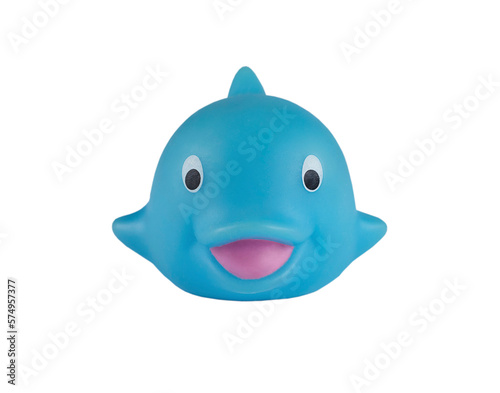 Front view of blue rubber whale bath toy isolated on white
