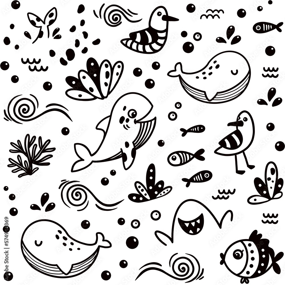 Nautical outline seamless pattern. Summer print with whales, seagulls ...