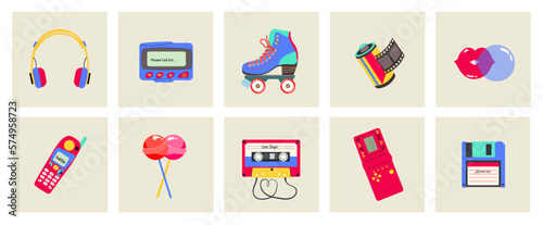 Classic 80s 90s elements in modern style, flat, line style. Hand drawn vector illustration: lollipops, lips, headphones, roller skates, cassette, phone, block stacking video game, pager. Fashion patch photo