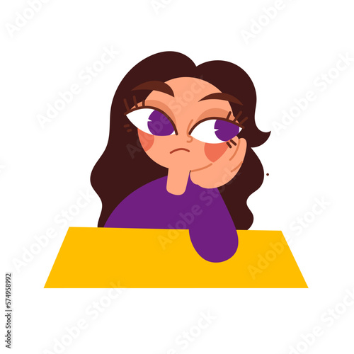 Young pretty woman in a casual sporty look is bored, tired and in need of rest, depressed mood. Young unhappy, frustrated depressed woman thinks she looks tired or bored due to problems. Vector