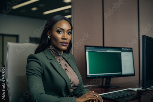 Generative AI. A young African woman sitting in the office 